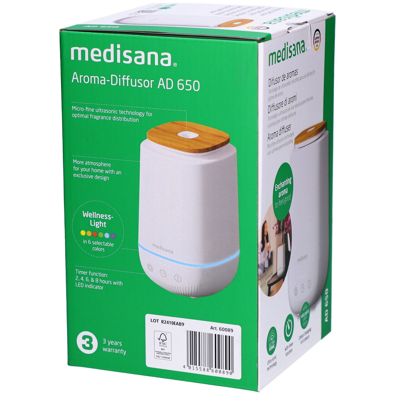 Aroma-Diffusor in Verpackung. Weiß, Holzdeckel, grüne Verpackung. Marke: medisana. Produktname: AD 650. Wellness-Licht.