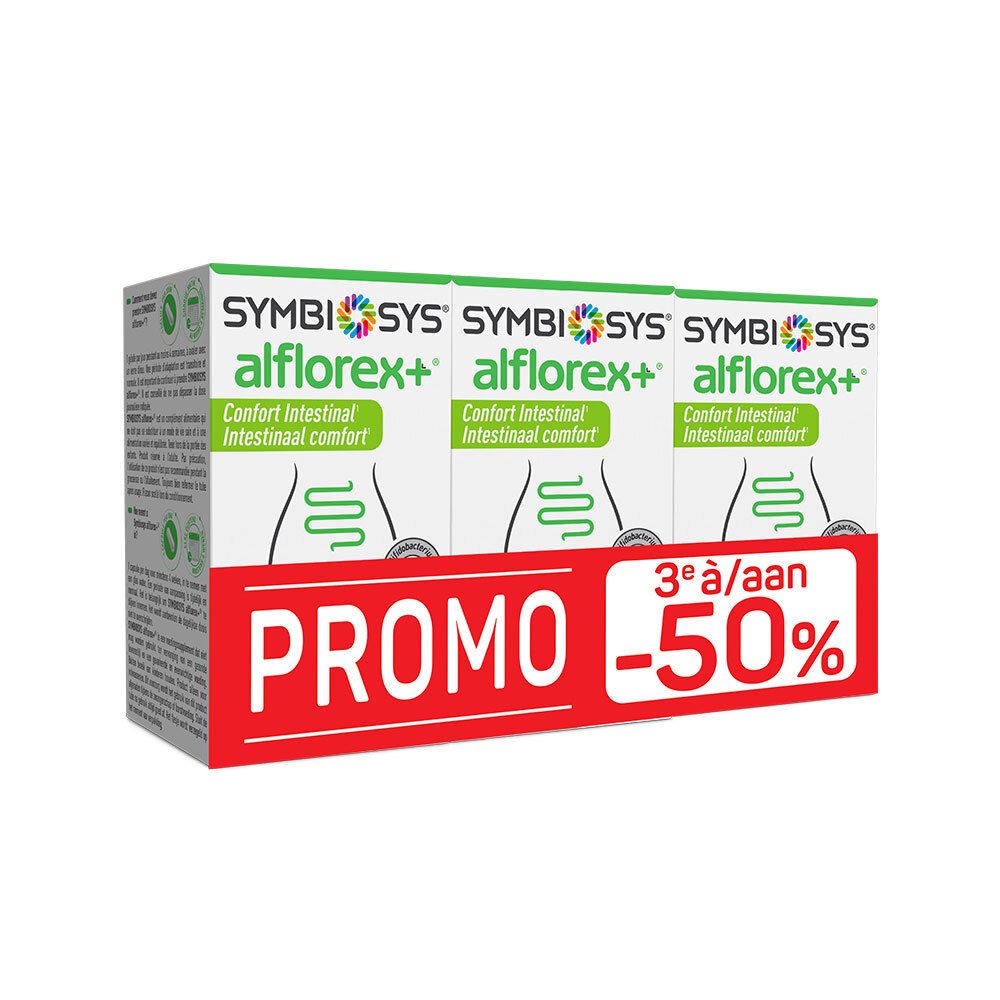 Lot de trois boîtes SYMBIOSYS Alflorex+. Inscription : Promo -50%.