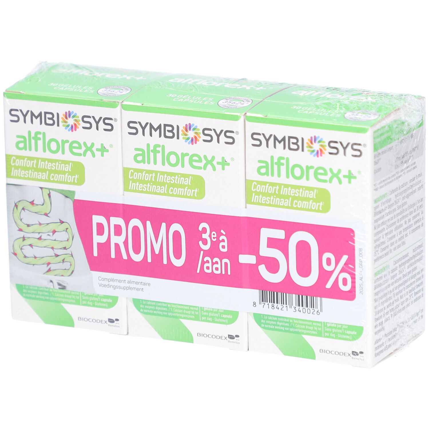 Packung mit drei SYMBIOSYS Alflorex+ Packungen. Aufdruck: Promo -50%.