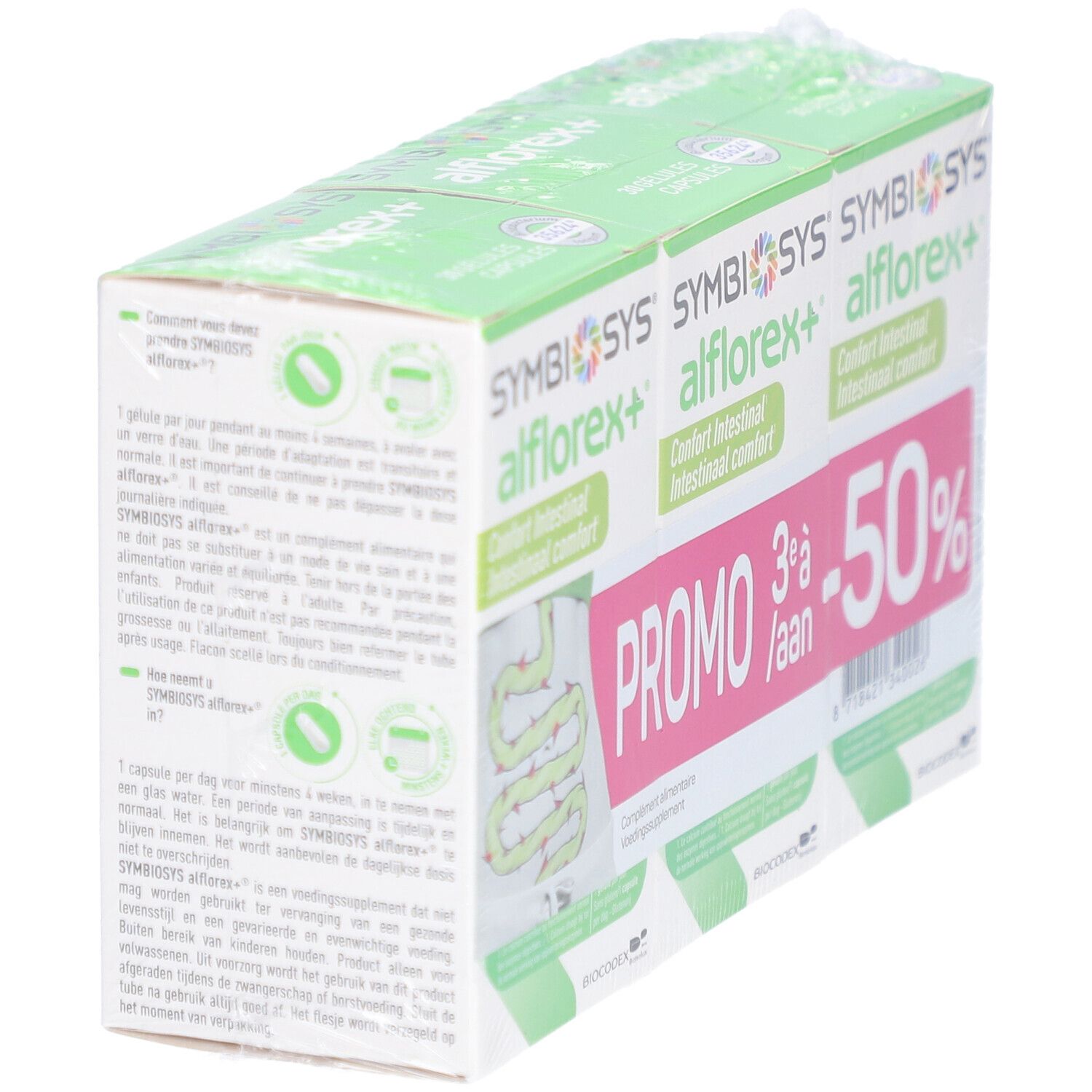 Packung mit drei SYMBIOSYS Alflorex+ Packungen. Aufdruck: Promo -50%.