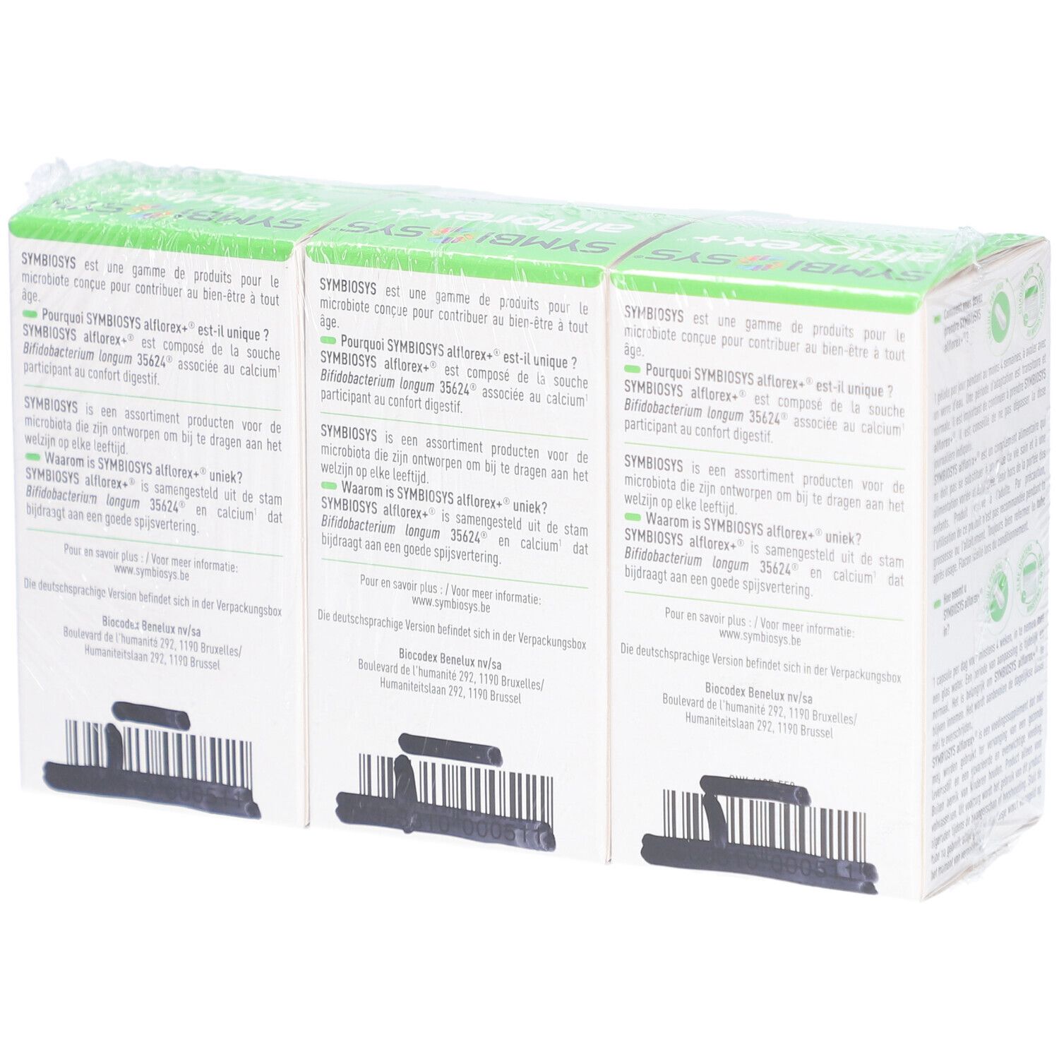 Rückseite einer Packung mit drei SYMBIOSYS Alflorex+ Packungen.