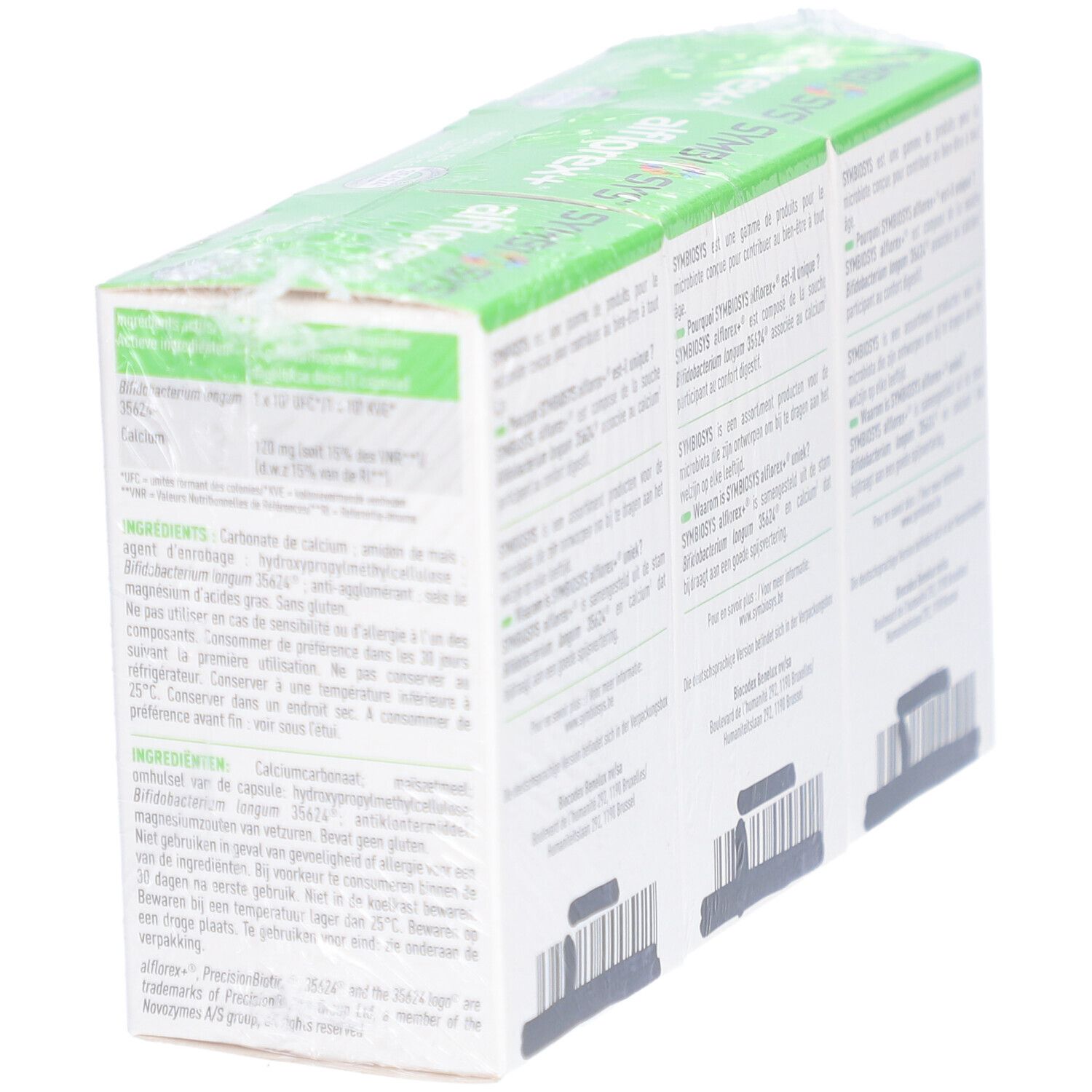 Rückseite einer Packung mit drei SYMBIOSYS Alflorex+ Packungen.