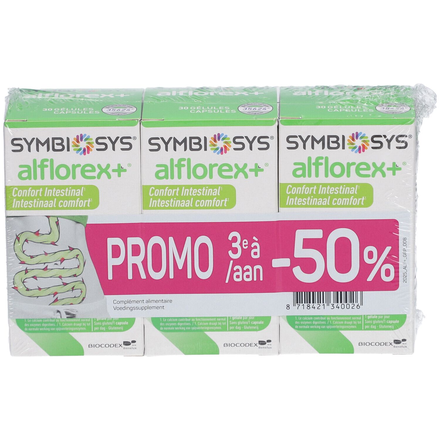 Packung mit drei SYMBIOSYS Alflorex+ Packungen. Aufdruck: Promo -50%.