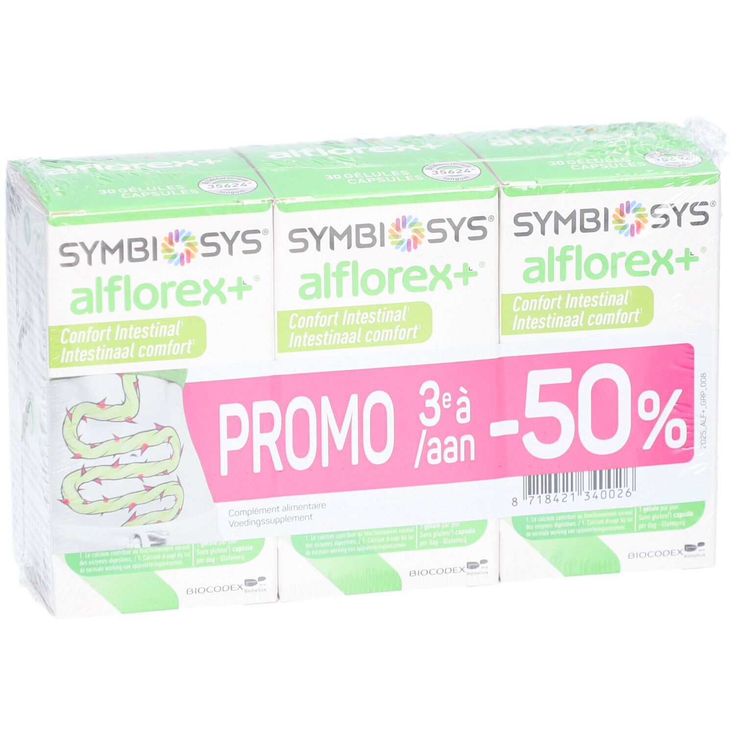 Packung mit drei SYMBIOSYS Alflorex+ Packungen. Aufdruck: Promo -50%.