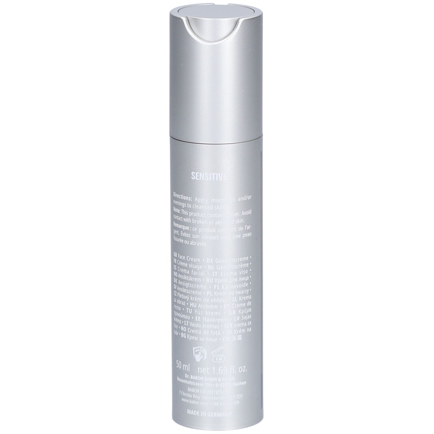 Dos d'un flacon de crème argenté. Texte: Sensitive, 50 ml, Doctor Babor.