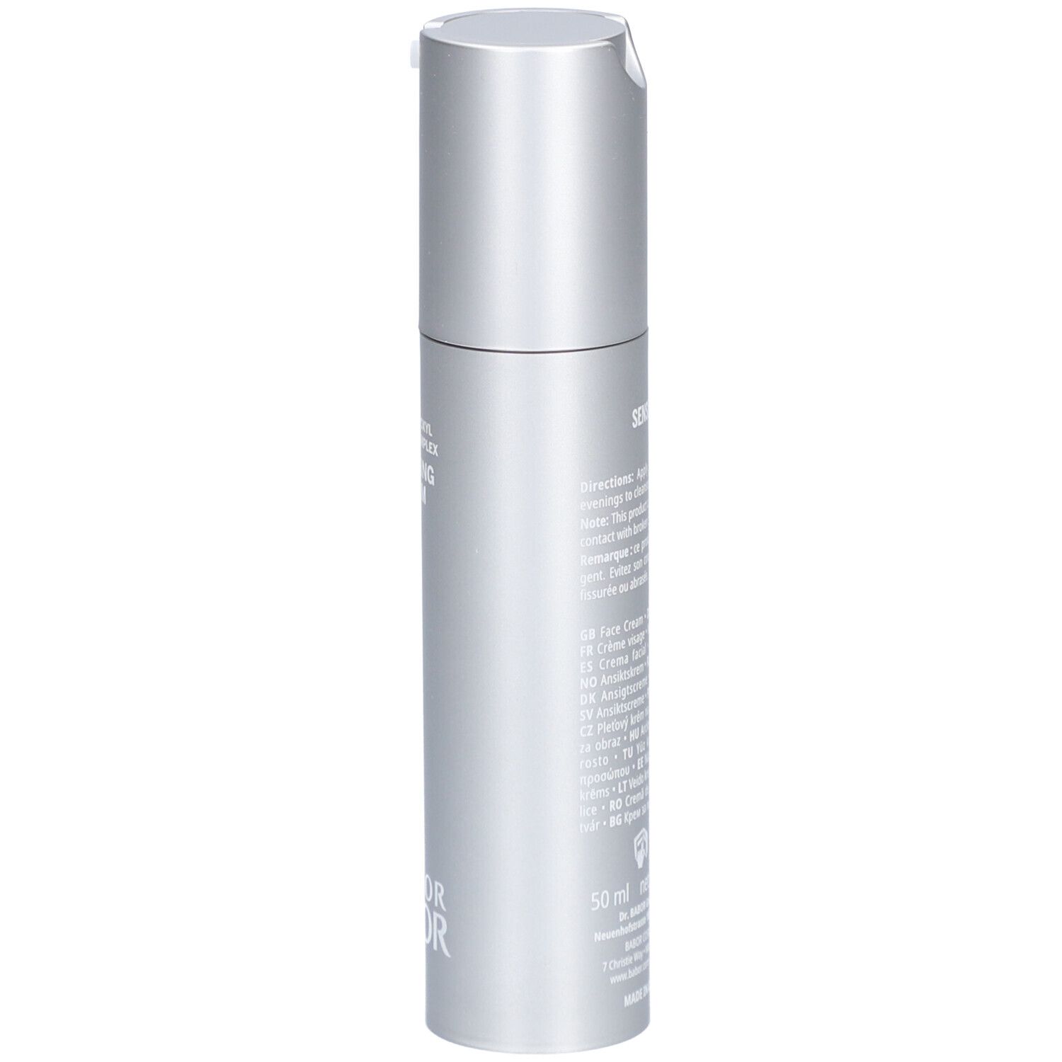 Vue latérale d'un flacon de crème argenté. Inscription: Soothing Cream, Doctor Babor, 50 ml.