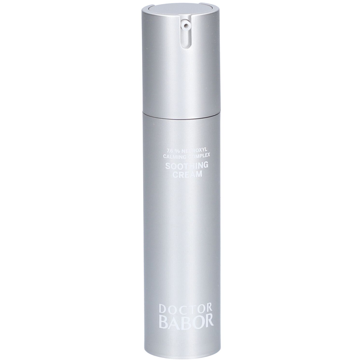 Flacon crème argenté avec pompe. Inscription: Soothing Cream, Doctor Babor.