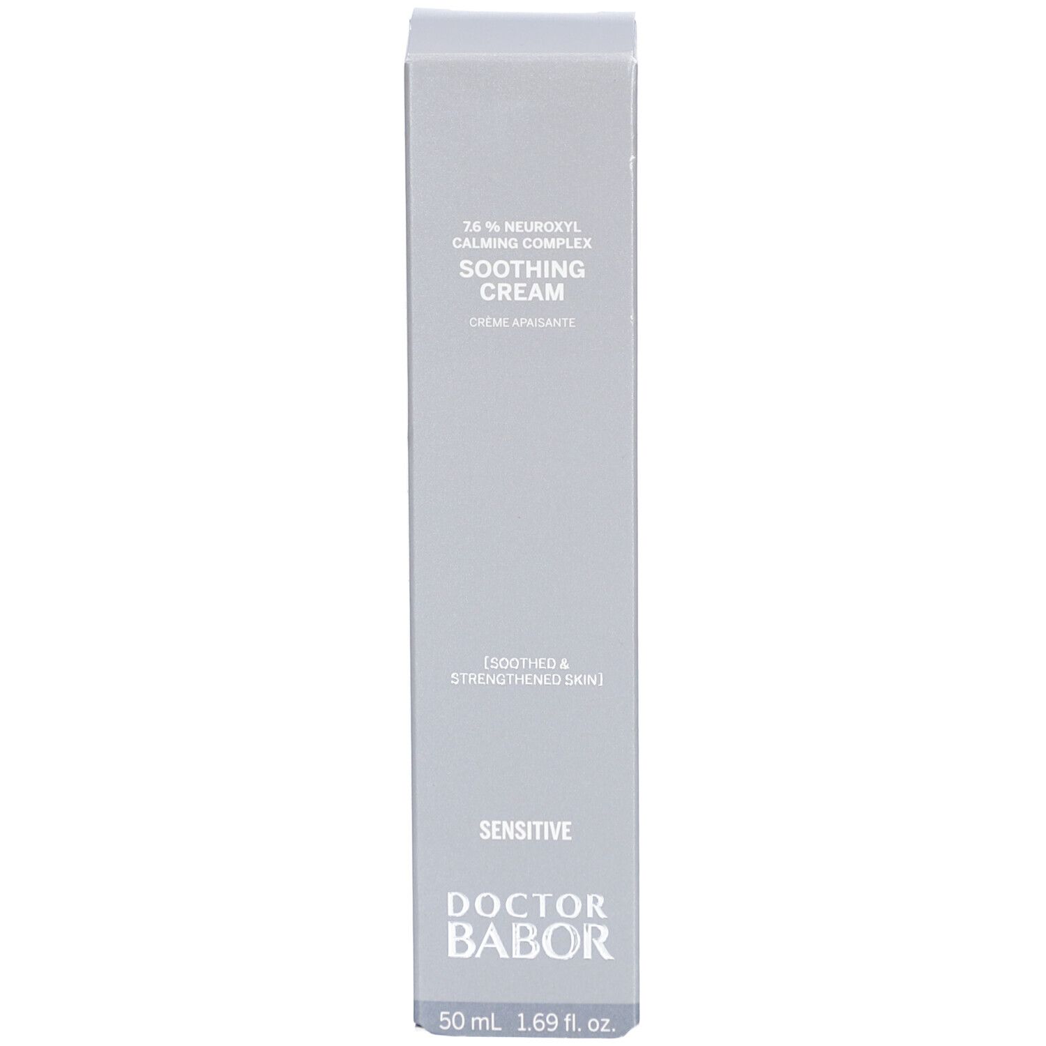 Boîte grise. Inscription: Soothing Cream, Doctor Babor, Sensitive, 50 ml.