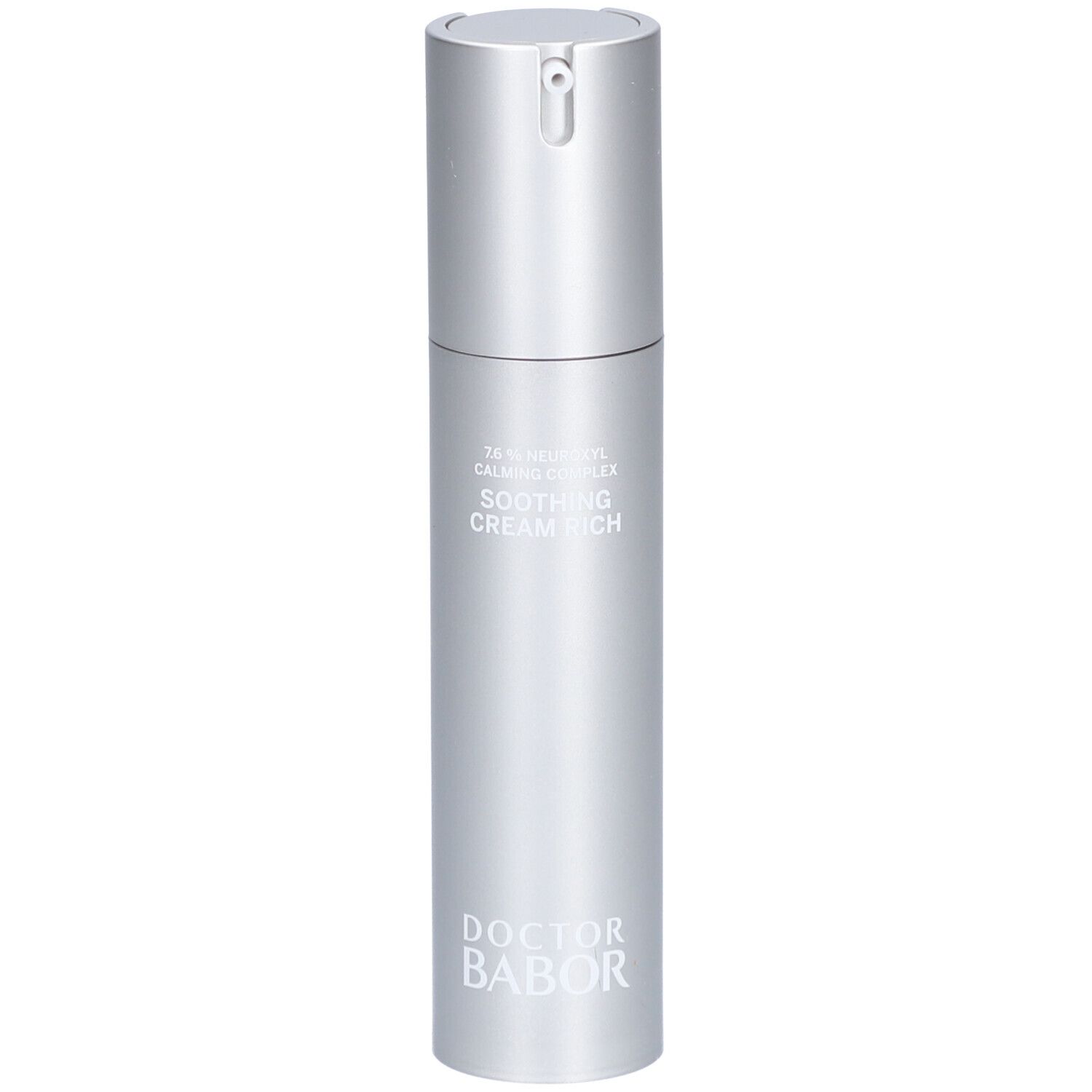 Silberne Creme-Flasche mit Pumpverschluss. Aufschrift: Soothing Cream Rich, Doctor Babor.