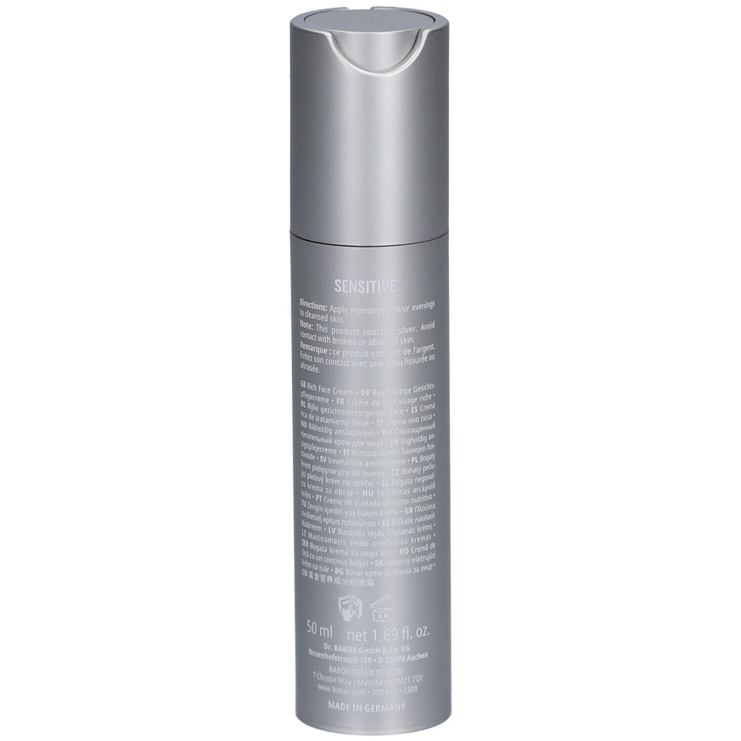 Silberne Creme-Flasche. Text und Informationen. Doctor Babor. Rückansicht.