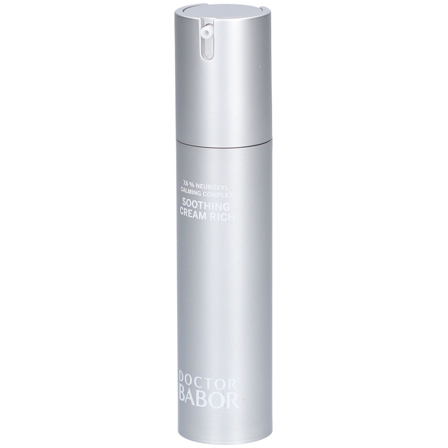 Silberne Creme-Flasche mit Pumpverschluss. Aufschrift: Soothing Cream Rich, Doctor Babor.