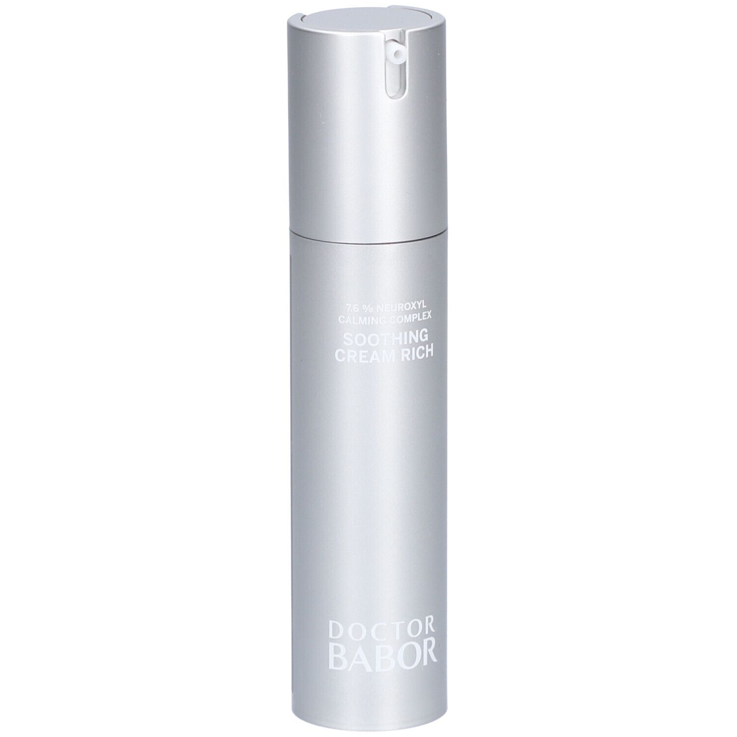 Silberne Creme-Flasche mit Pumpverschluss. Aufschrift: Soothing Cream Rich, Doctor Babor.