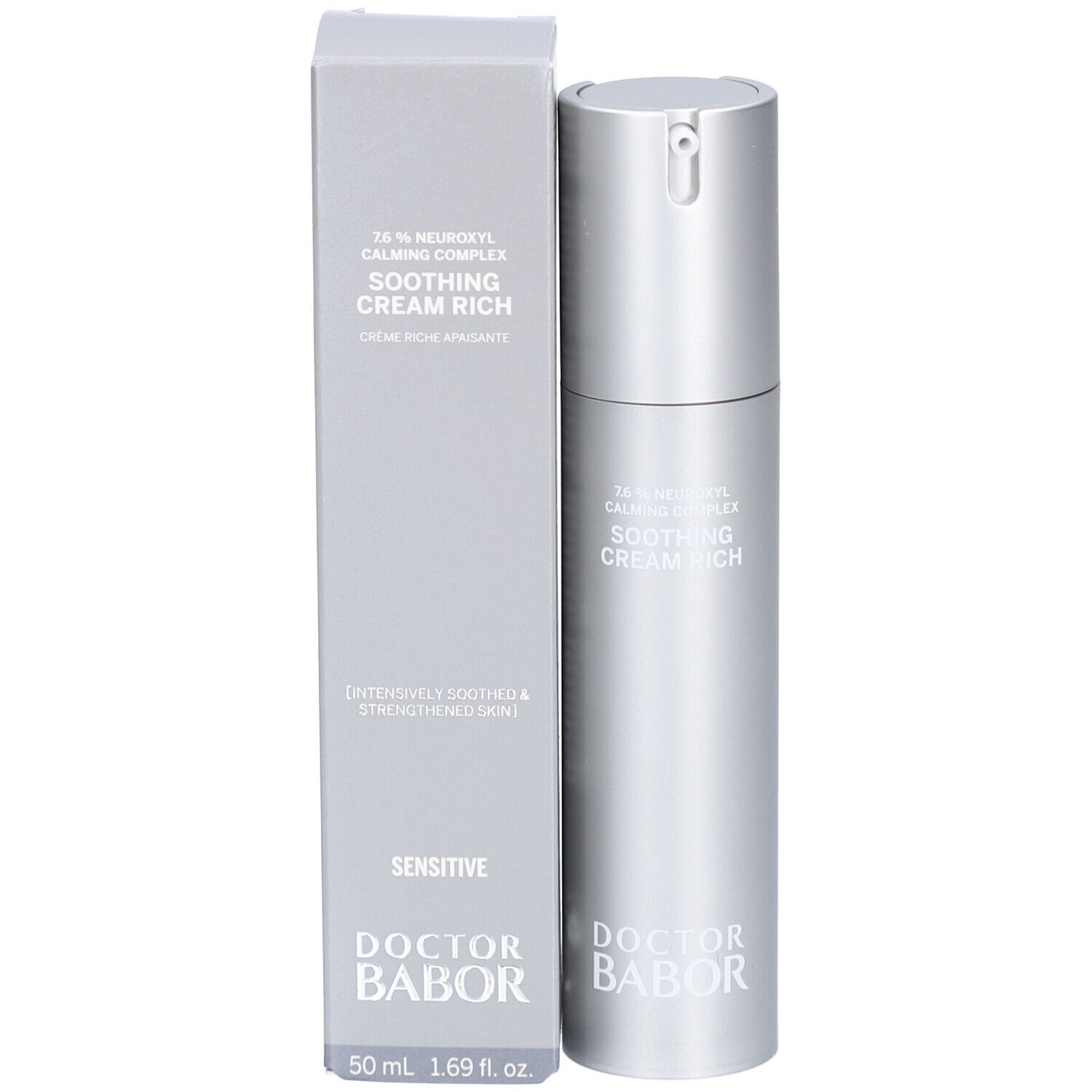 Creme-Flasche und Schachtel. Aufschrift: Soothing Cream Rich, Doctor Babor. 50 ml.