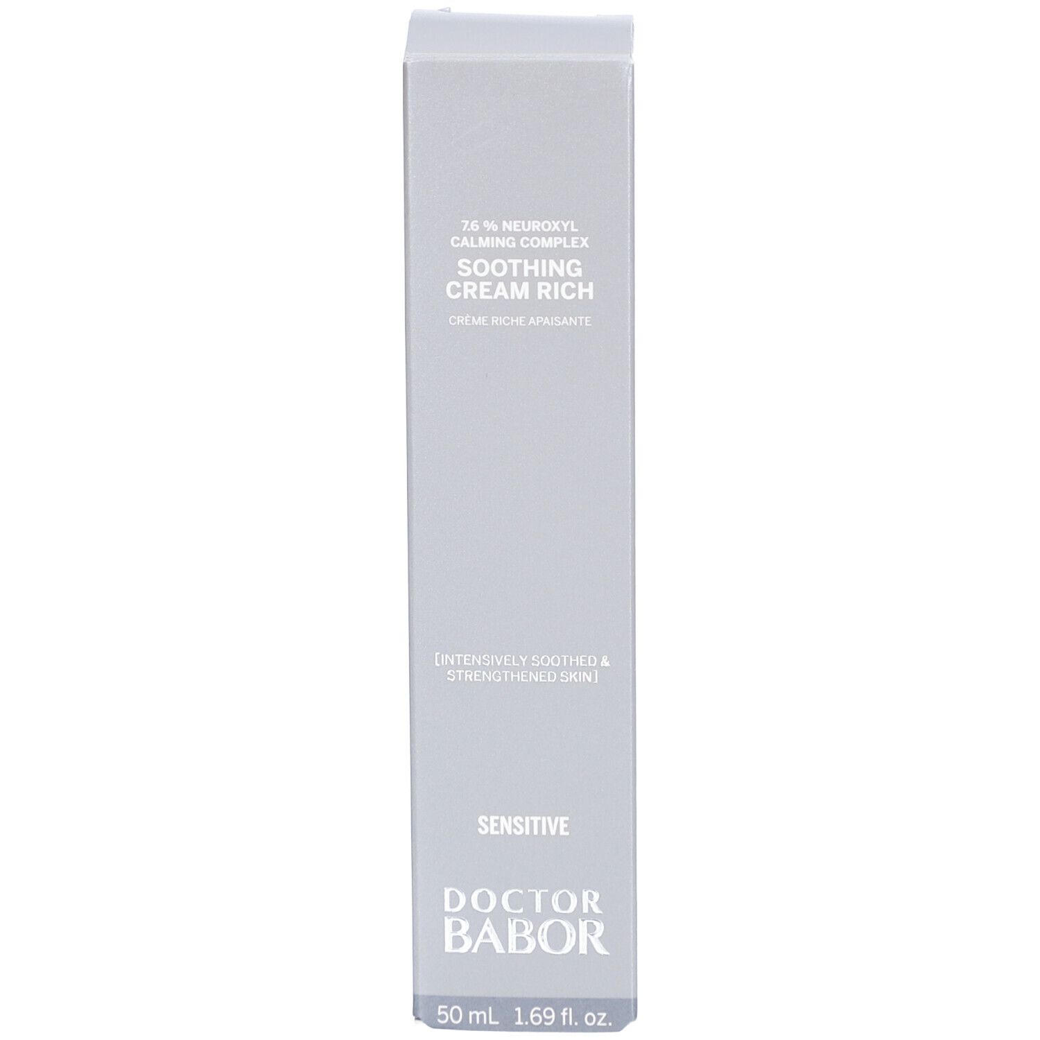 Graue Schachtel. Aufschrift: Soothing Cream Rich, Doctor Babor. 50 ml.