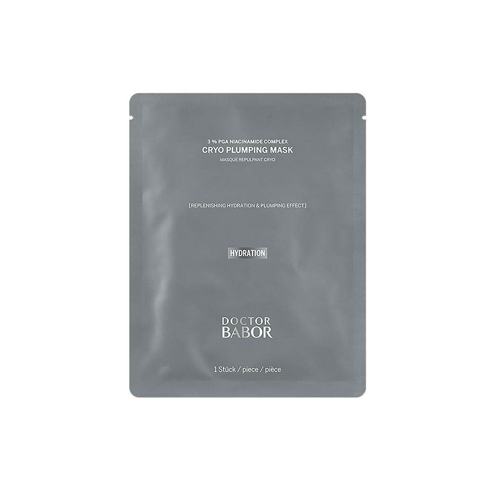 Sachet gris de Cryo Plumping Mask. Inscription : 3% PGA Niacinamide Complex, Cryo Plumping Mask, Doctor Babor. 1 pièce.