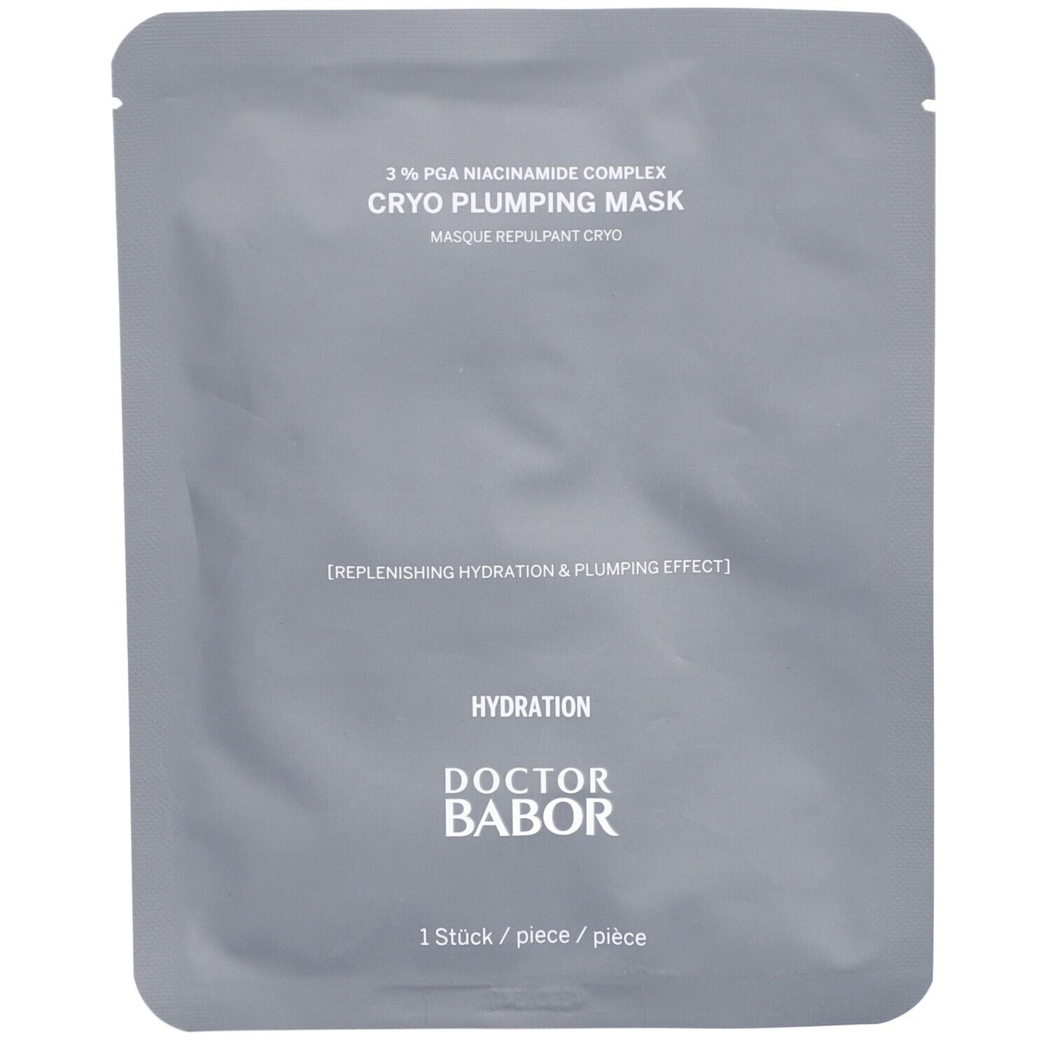 Sachet gris de Cryo Plumping Mask. Inscription : 3% PGA Niacinamide Complex, Cryo Plumping Mask, Doctor Babor. 1 pièce.