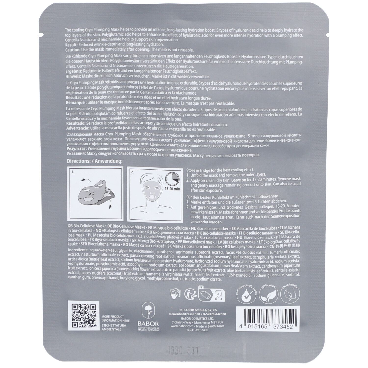 Dos du sachet Cryo Plumping Mask. Texte multilingue. Contient instructions et ingrédients. Marque : Doctor Babor. Code-barres et QR code.