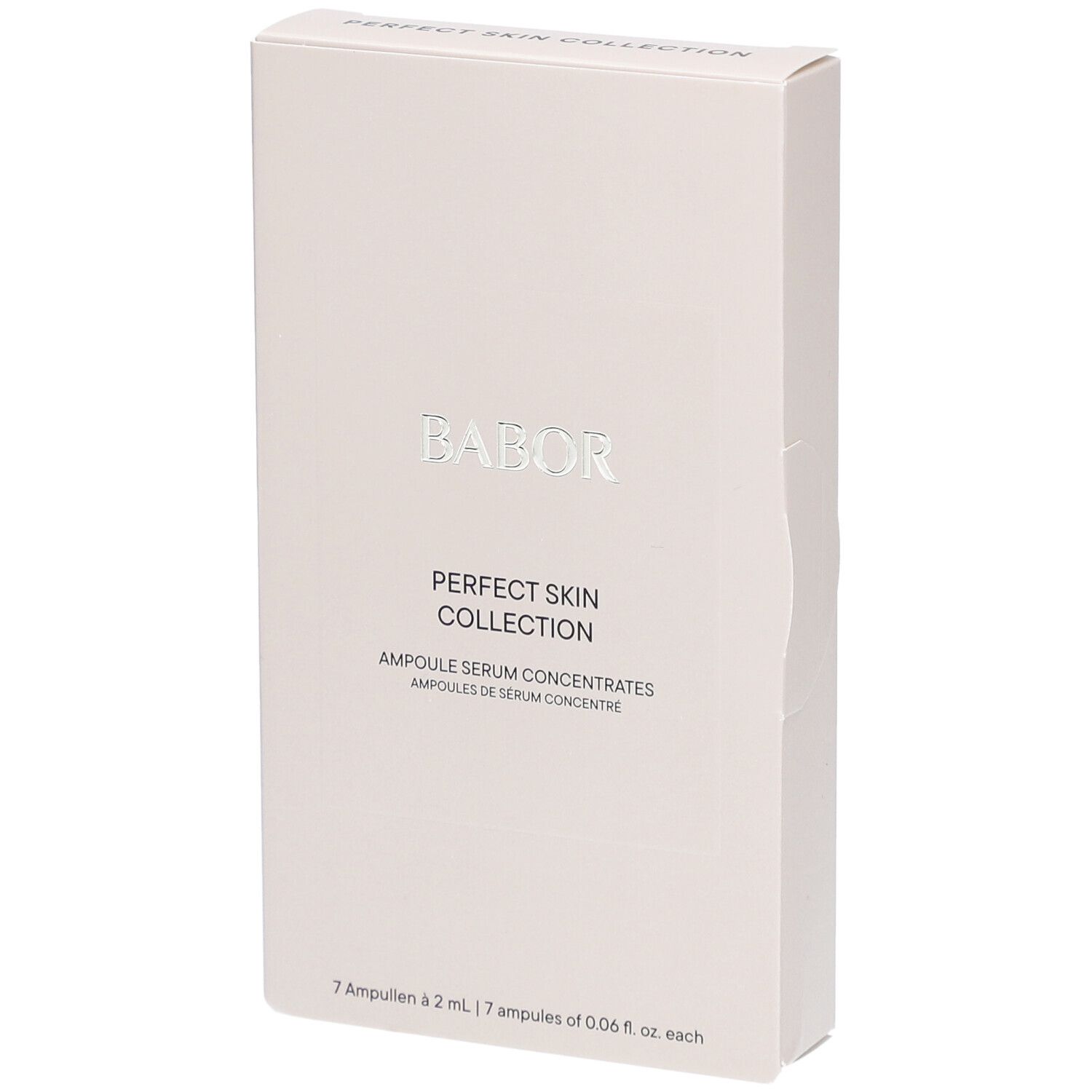 Witte productverpakking met zilveren belettering BABOR. Opschrift: PERFECT SKIN COLLECTION, Ampullen Serumconcentraten. Bevat 7 ampullen.