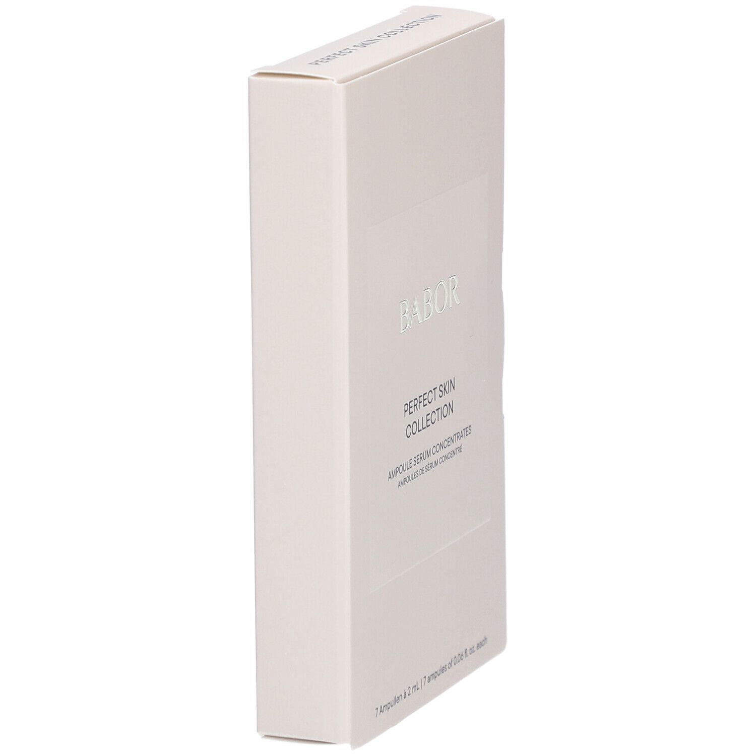 Schuine weergave van de witte productverpakking. Zilveren belettering BABOR, opschrift: PERFECT SKIN COLLECTION, Ampullen Serumconcentraten. 7 ampullen.