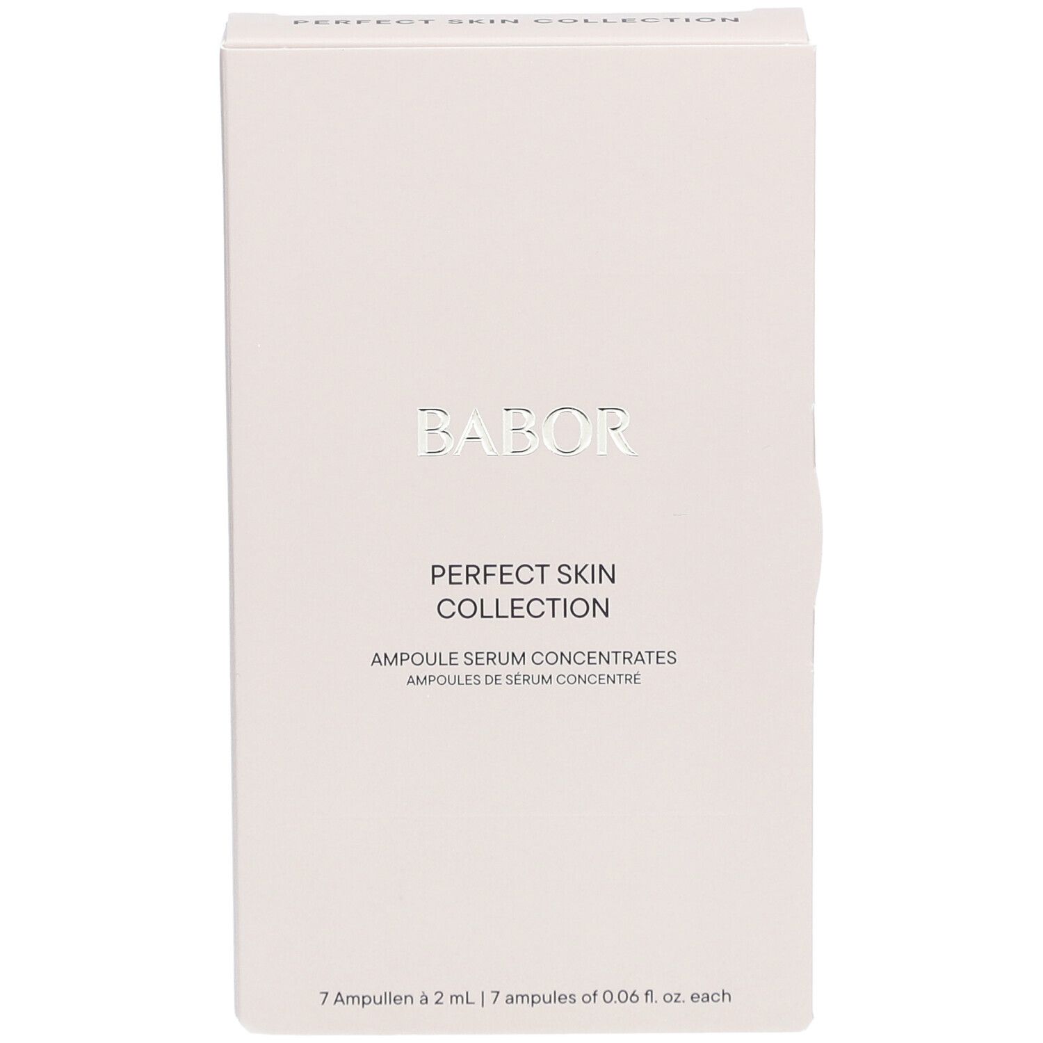 Witte productverpakking met zilveren belettering BABOR. Opschrift: PERFECT SKIN COLLECTION, Ampullen Serumconcentraten. Bevat 7 ampullen.
