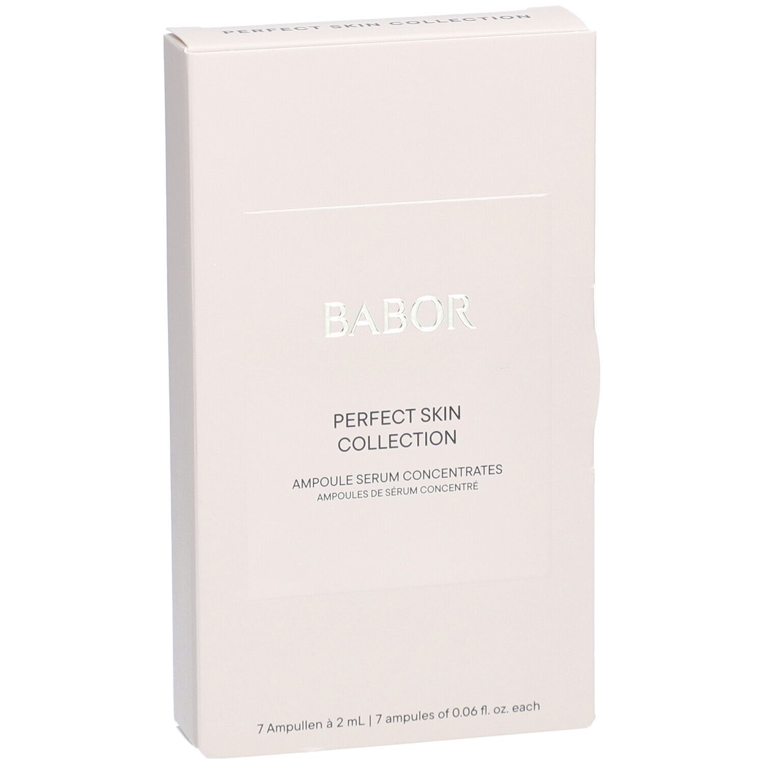 Schuine weergave van de witte productverpakking. Zilveren belettering BABOR, opschrift: PERFECT SKIN COLLECTION, Ampullen Serumconcentraten. 7 ampullen.