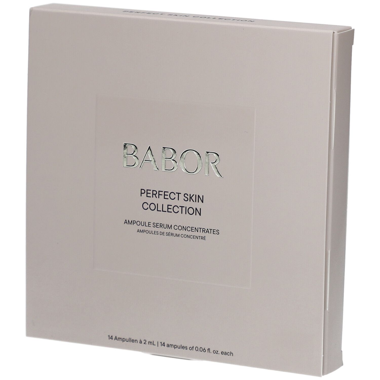 Babor Perfect Skin Collection. Karton mit Produktnamen und Logo. 14 Ampullen. Hellgrau.