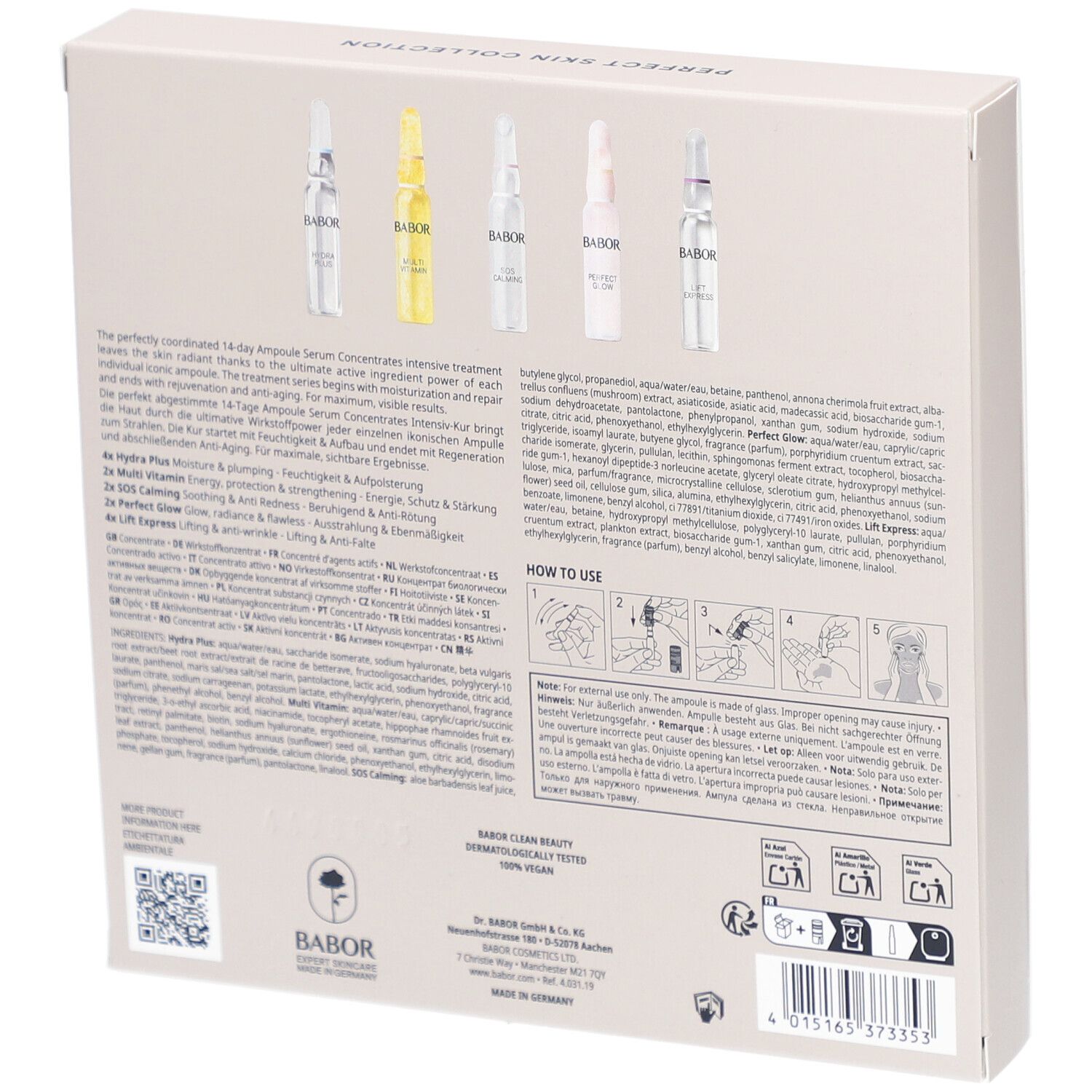 Rückseite der Babor Perfect Skin Collection. Produktinformationen, Ampullen, Anwendungsanleitung.