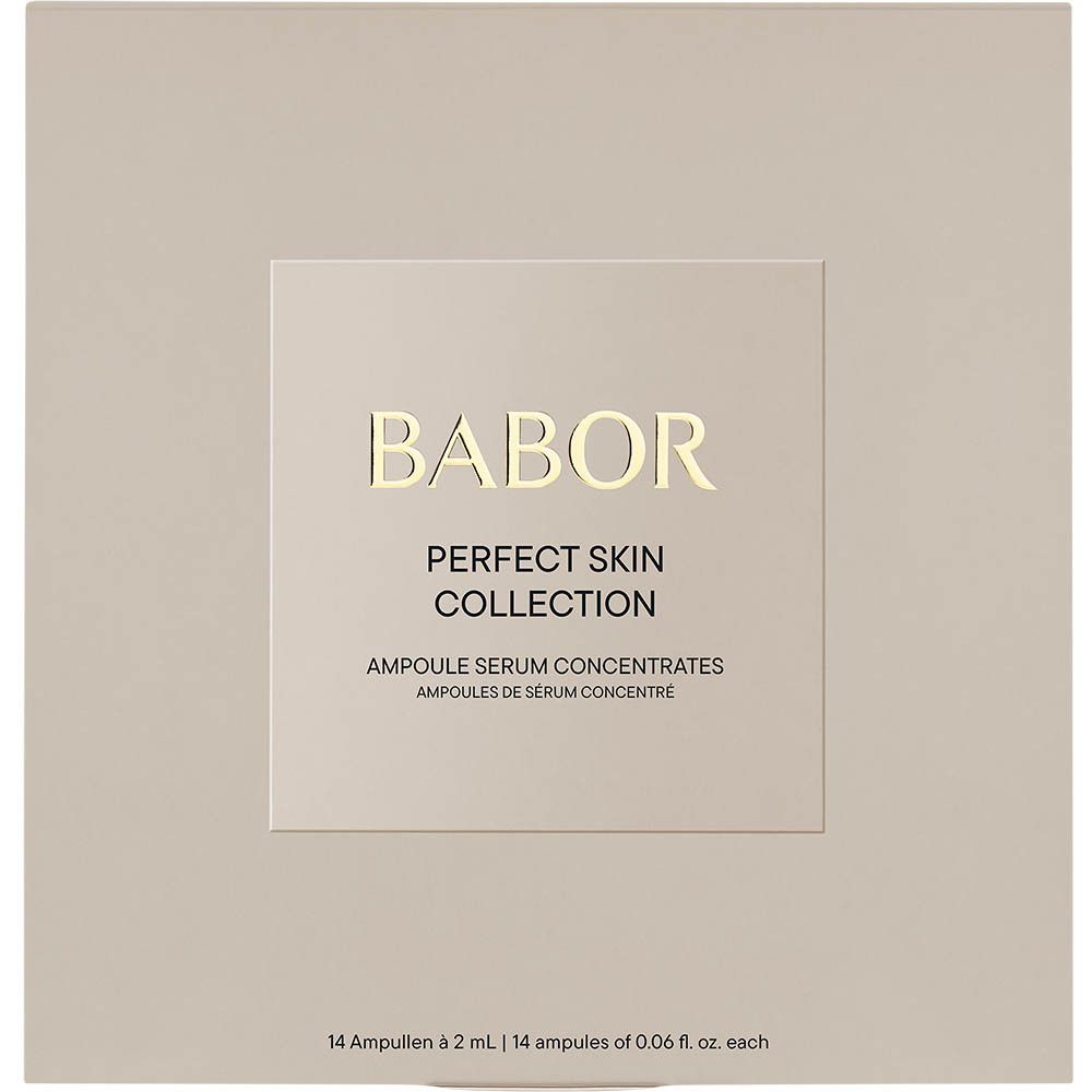 Beige Kartonverpackung. Aufschrift BABOR, PERFECT SKIN COLLECTION. Enthält Ampullen Serumkonzentrate. 14 Ampullen.