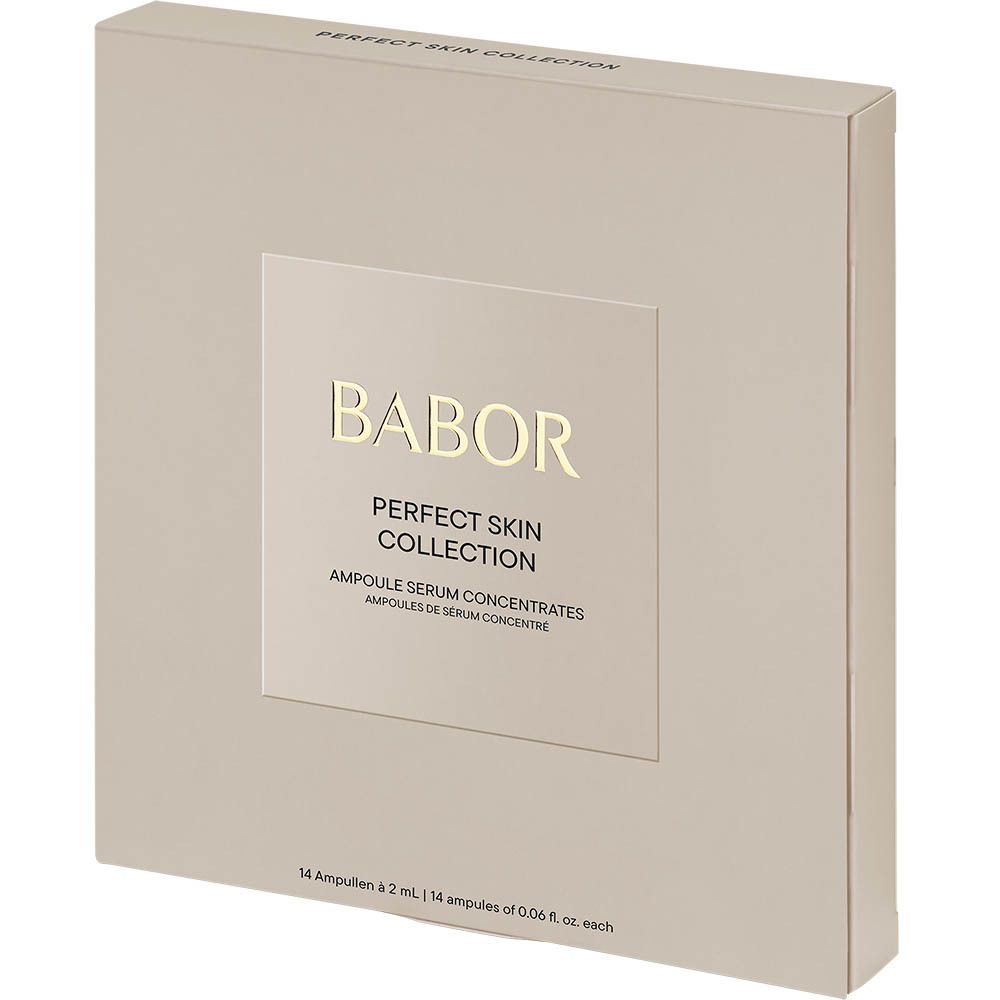Schräge Ansicht der Verpackung. Beige Kartonverpackung. Aufschrift BABOR, PERFECT SKIN COLLECTION. 14 Ampullen.