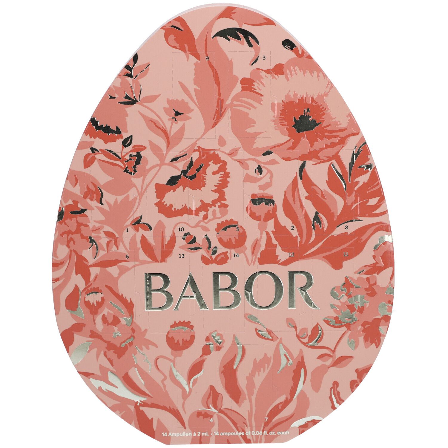 Osterei-Verpackung mit floralem Muster und Babor-Logo. Rosa Hintergrund mit roten Blumen. Ovale Form.