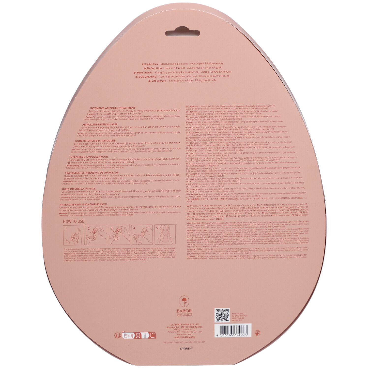 Rückseite der Osterei-Verpackung mit Text und Logo. Rosa Hintergrund. Enthält Anweisungen und Produktinformationen.