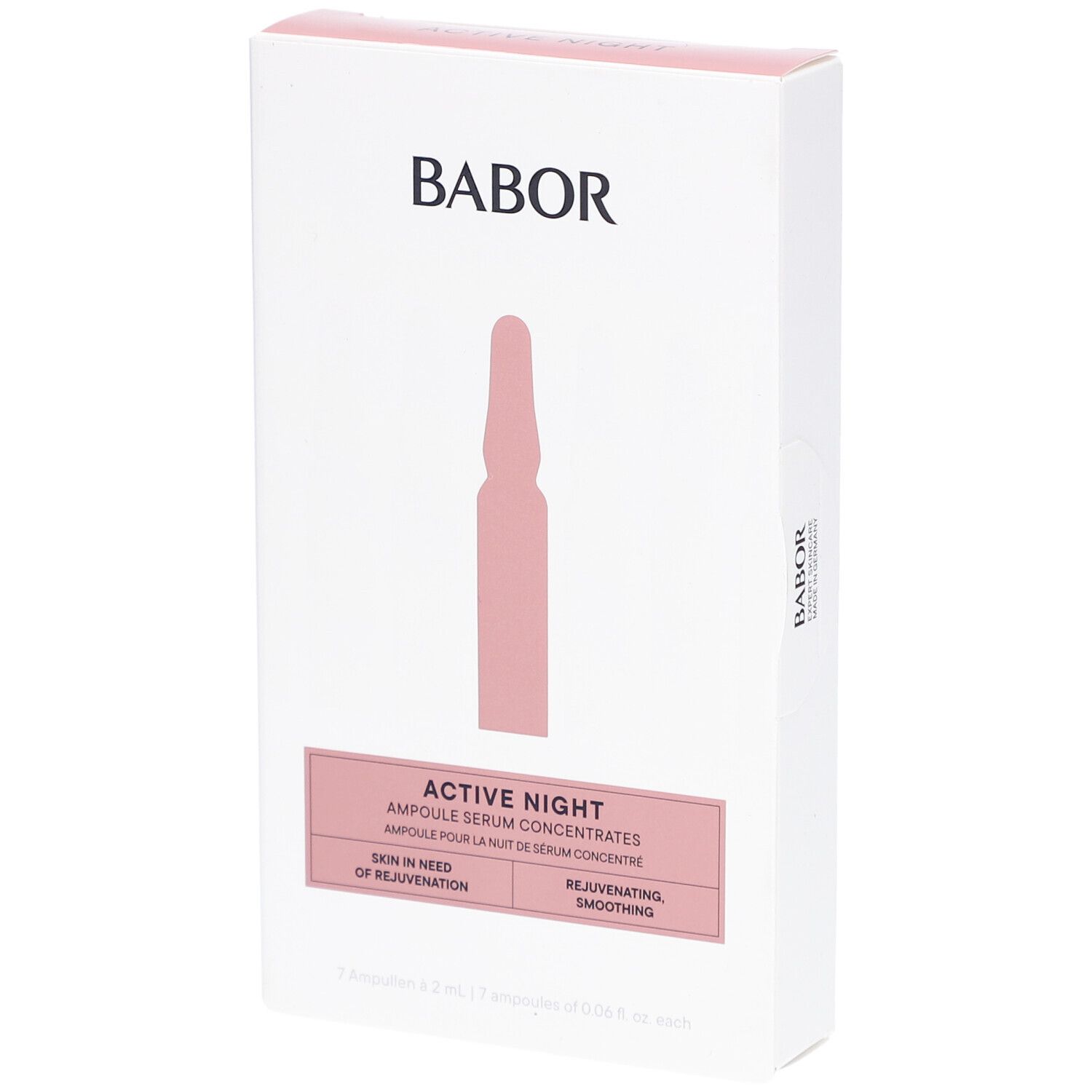 Weiße Verpackung mit rosa Akzenten. Babor-Logo oben. Rosa Ampulle abgebildet. Text: Active Night, Ampulle Serum Concentrates.
