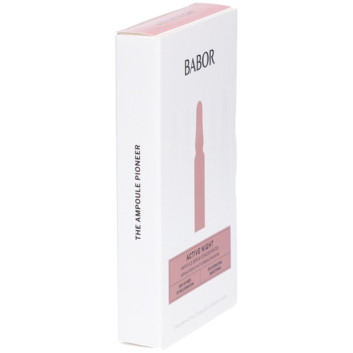 Weiße Verpackung, rosa Akzente. Babor-Logo. Aufdruck: The Ampoule Pioneer. Rosa Ampulle abgebildet. Text: Active Night.