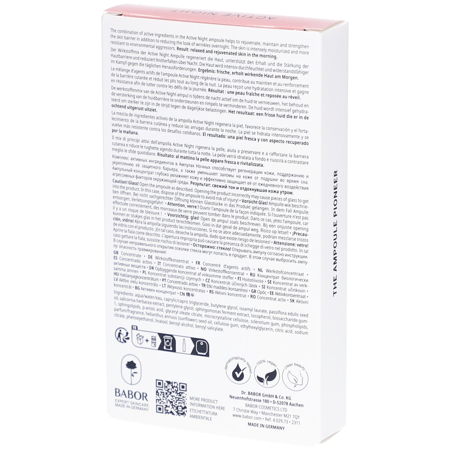 Rückseite der weißen Verpackung. Text in mehreren Sprachen. Babor-Logo. Symbole für Inhaltsstoffe und Qualität. QR-Code.