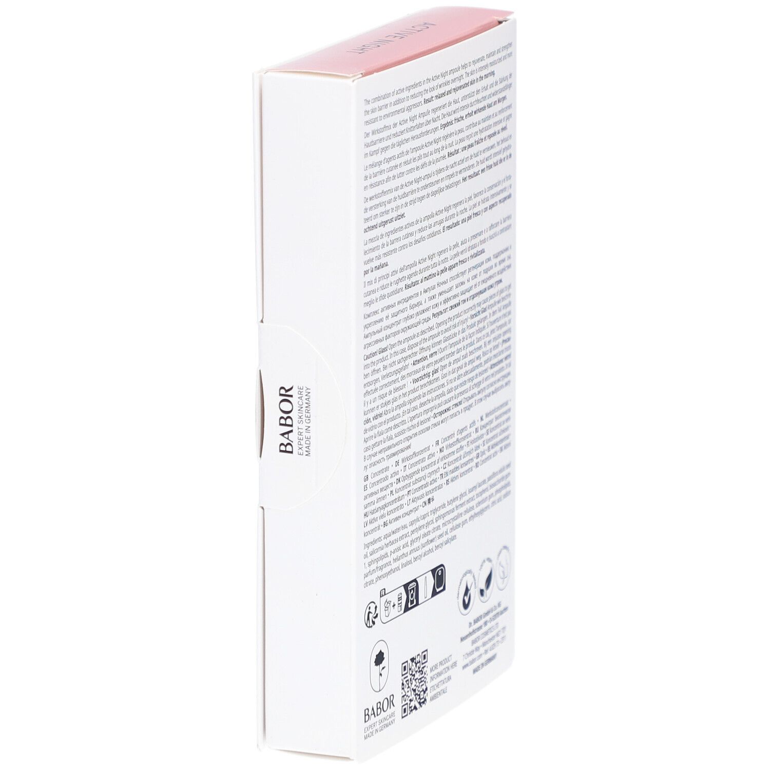 Weiße Verpackung, rosa Akzente. Babor-Logo. Text in mehreren Sprachen. Symbole für Inhaltsstoffe und Qualität. QR-Code.