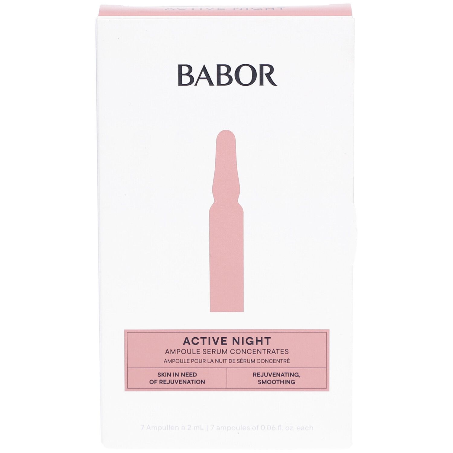 Weiße Verpackung mit rosa Akzenten. Babor-Logo oben. Rosa Ampulle abgebildet. Text: Active Night, Ampulle Serum Concentrates.