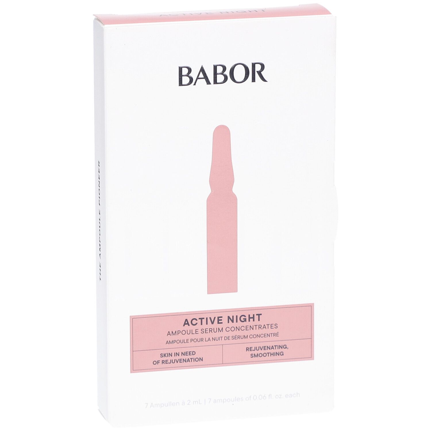 Weiße Verpackung mit rosa Akzenten. Babor-Logo oben. Rosa Ampulle abgebildet. Text: Active Night, Ampulle Serum Concentrates.