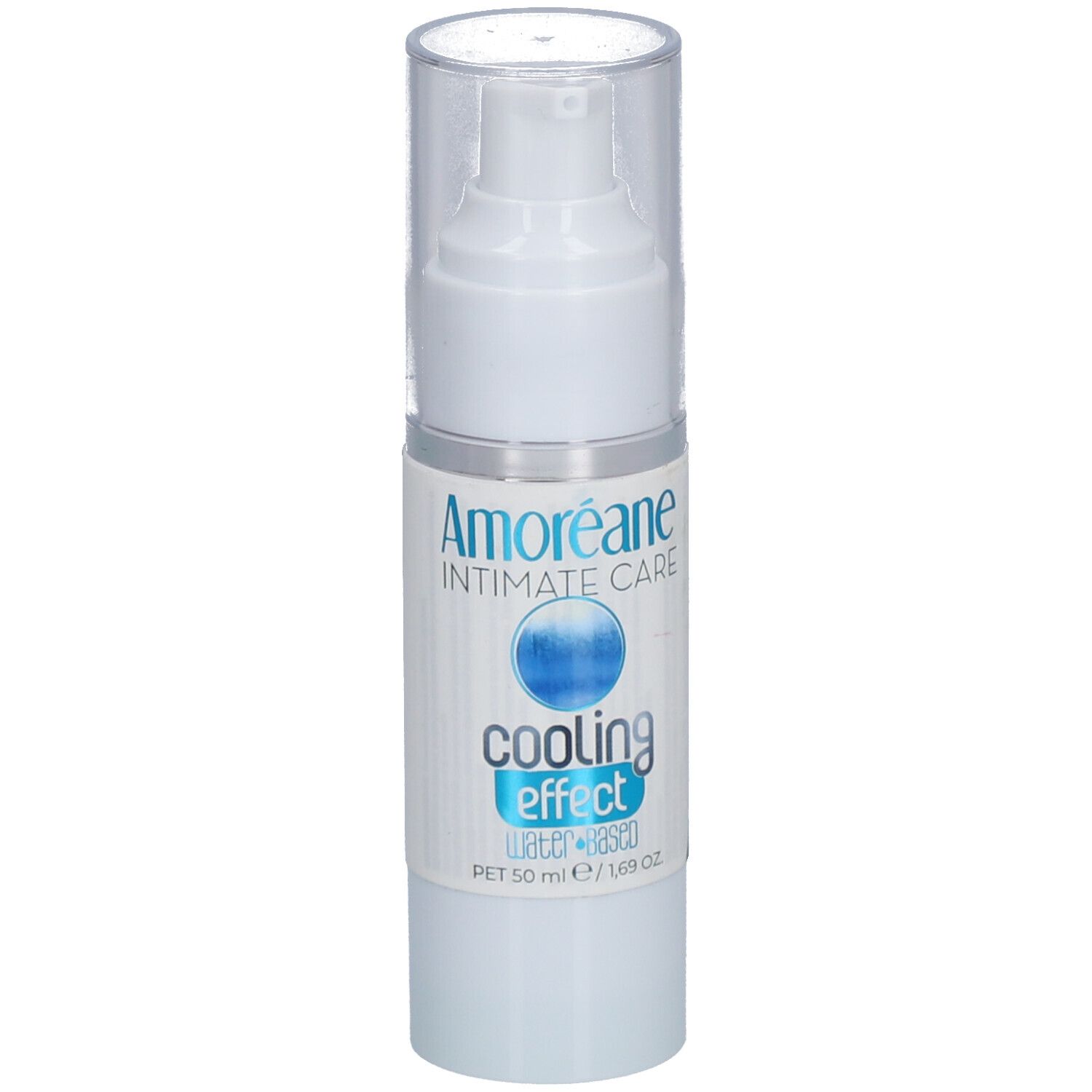 Weiße Flasche mit Pumpverschluss. Aufschrift: Amoréane Intimate Care, cooling effect. Text: Water based. PET 50 ml / 1.69 fl oz.