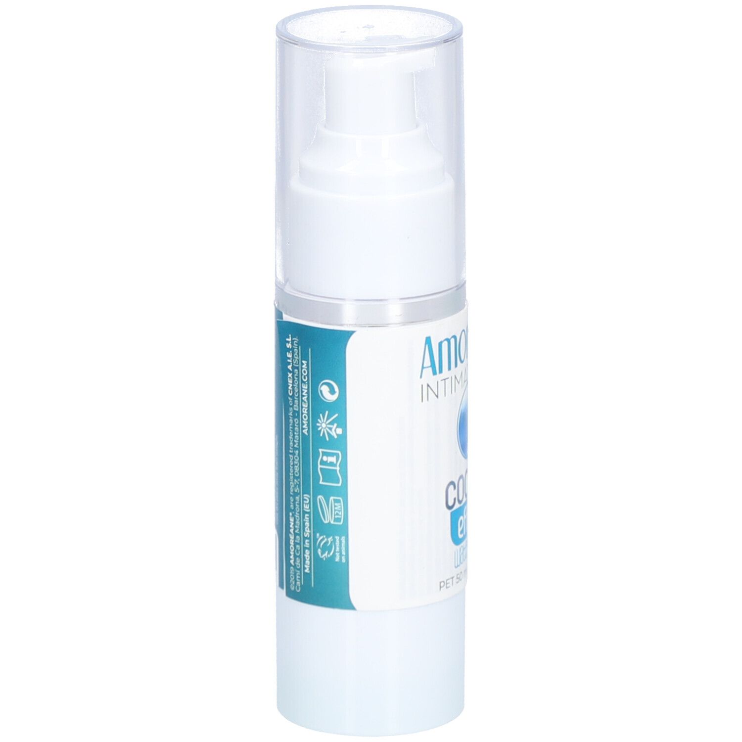 Weiße Flasche mit Pumpverschluss. Aufschrift: Amoréane Intimate Care, cooling effect. Text und Symbole auf der Rückseite.