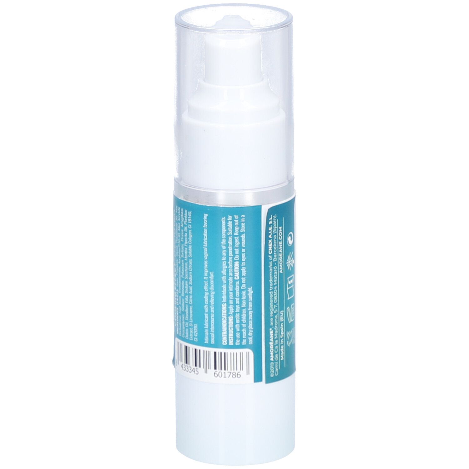Weiße Flasche mit Pumpverschluss. Rückseite mit Text und Barcode. Aufschrift: Amoréane Intimate Care.