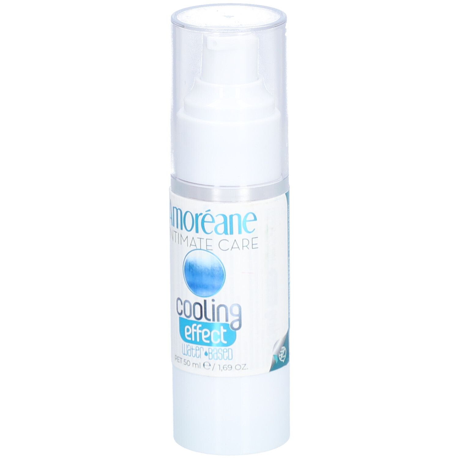 Weiße Flasche mit Pumpverschluss. Aufschrift: Amoréane Intimate Care, cooling effect. Text: Bath & body. PET 50 ml / 1.69 fl oz.