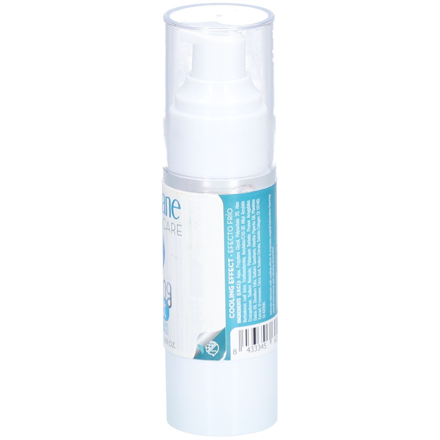Weiße Flasche mit Pumpverschluss. Aufschrift: Amoréane Intimate Care, cooling effect. Text auf der Rückseite.