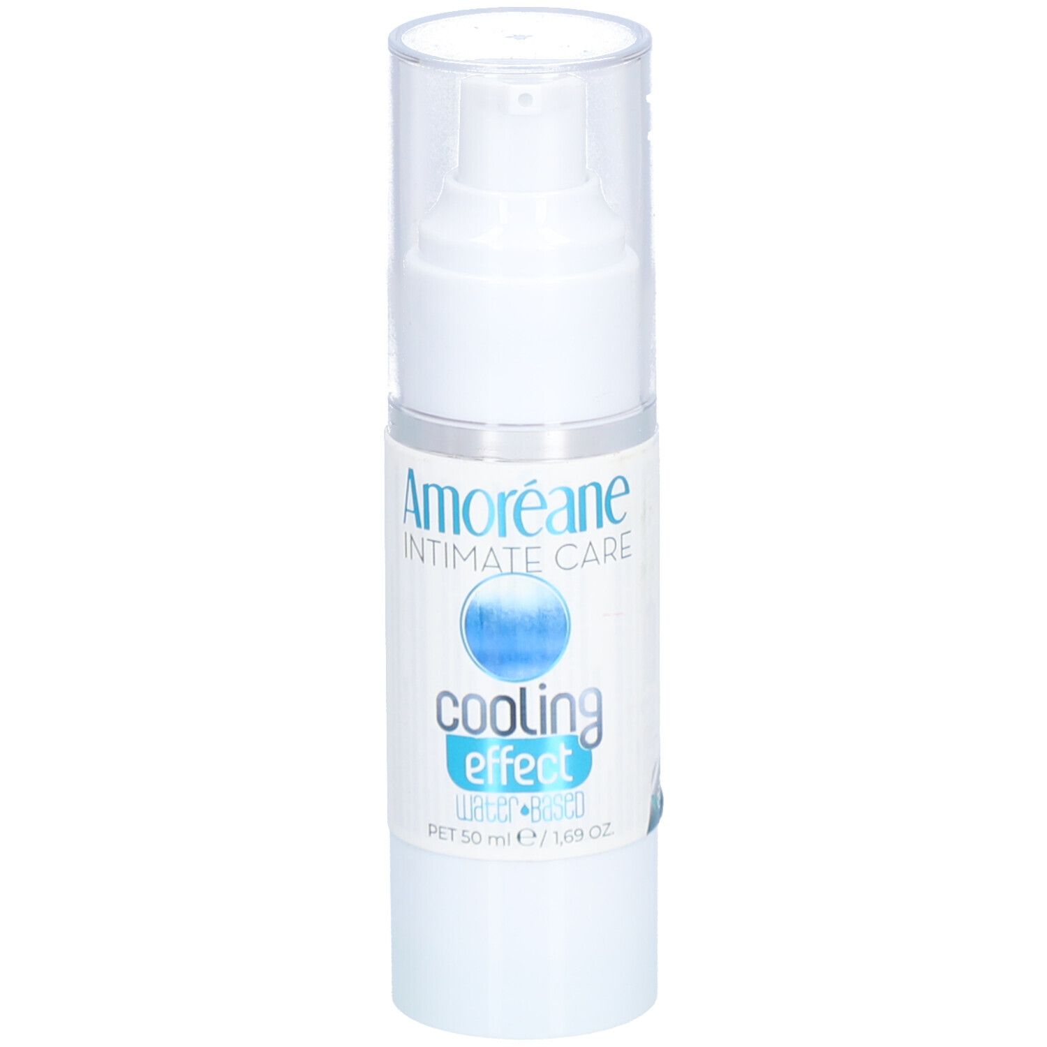Weiße Flasche mit Pumpverschluss. Aufschrift: Amoréane Intimate Care, cooling effect. Blaue Kugel-Grafik. Text: PET 50 ml / 1.69 fl oz.