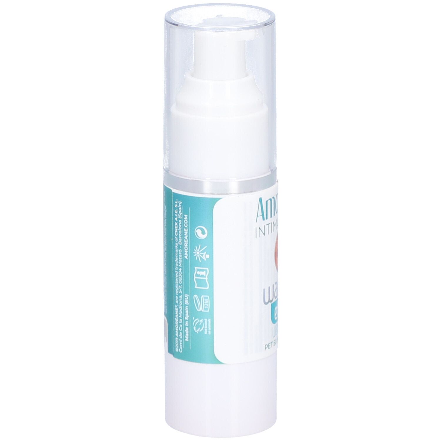 Weiße Flasche mit Pumpverschluss. Aufschrift: Amoréane Intimate Care. Türkisfarbener Streifen mit Text und Icons.