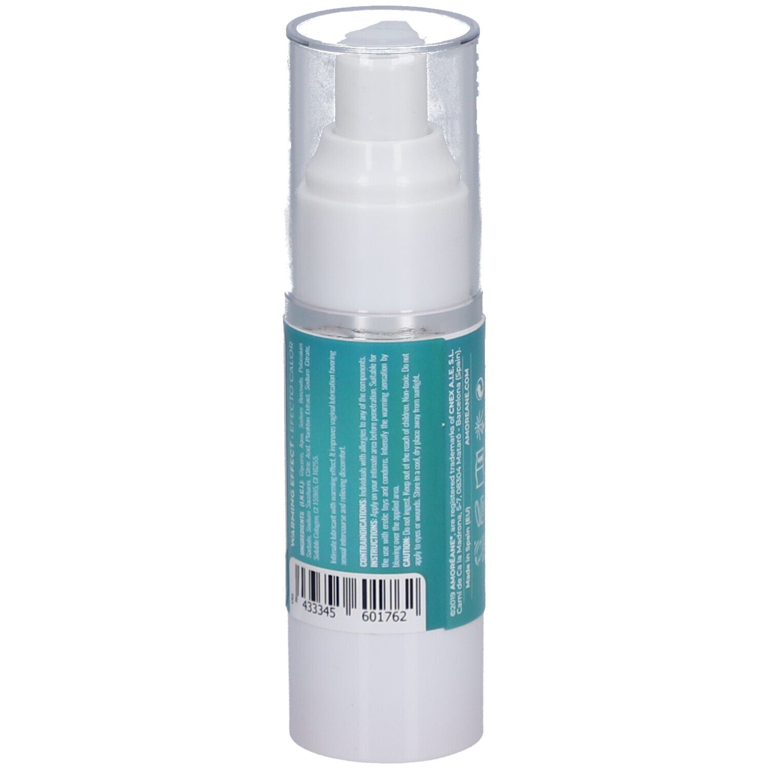Weiße Flasche mit Pumpverschluss. Rückseite mit Text und Barcode. Türkisfarbener Streifen.