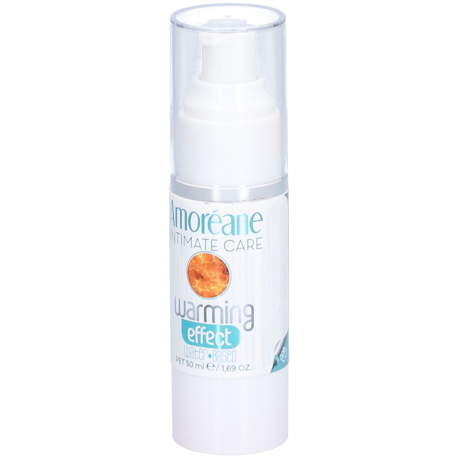 Weiße Flasche mit Pumpverschluss. Aufschrift: Amoréane Intimate Care, warming effect. Orangefarbenes Logo.
