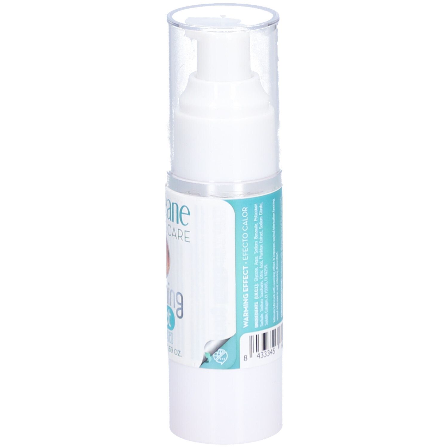 Weiße Flasche mit Pumpverschluss. Aufschrift: Amoréane Intimate Care, warming effect. Türkisfarbener Streifen.