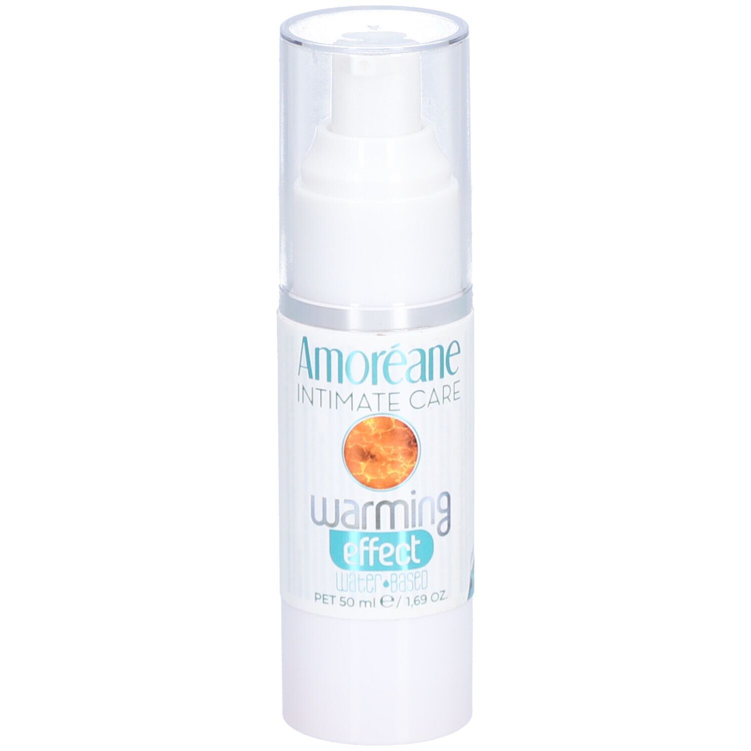 Weiße Flasche mit Pumpverschluss. Aufschrift: Amoréane Intimate Care, warming effect. Orangefarbenes Logo.