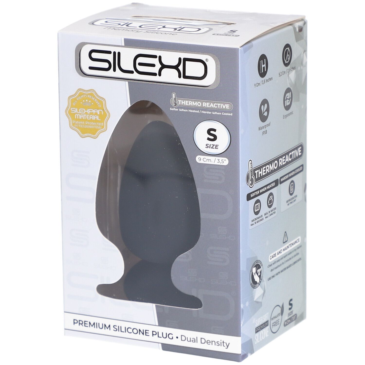 Emballage SilexD avec plug noir en silicone. Taille S, 9 x 5,2 cm. Thermo Reactive.