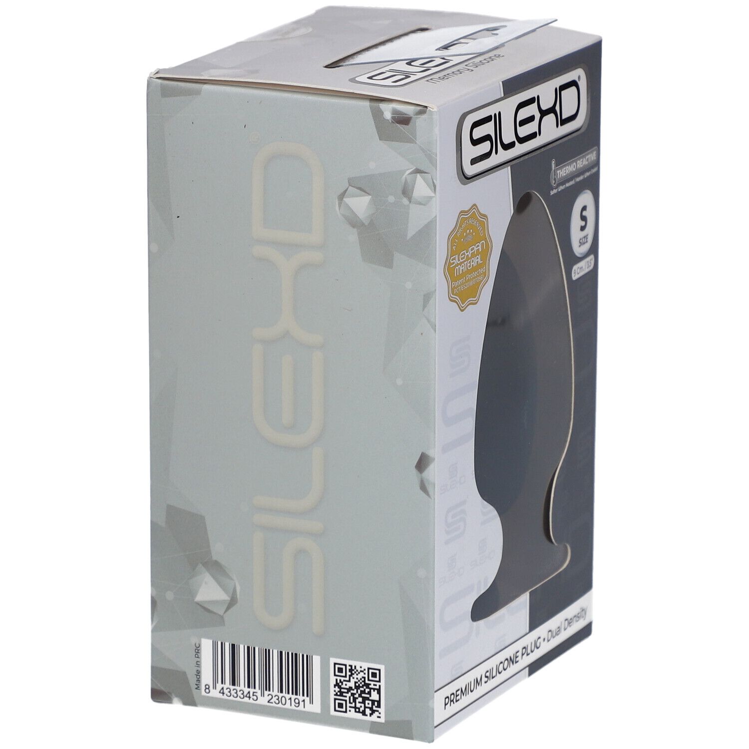 Emballage SilexD avec plug noir en silicone. Logo SilexD. Taille S. Code-barres et QR.